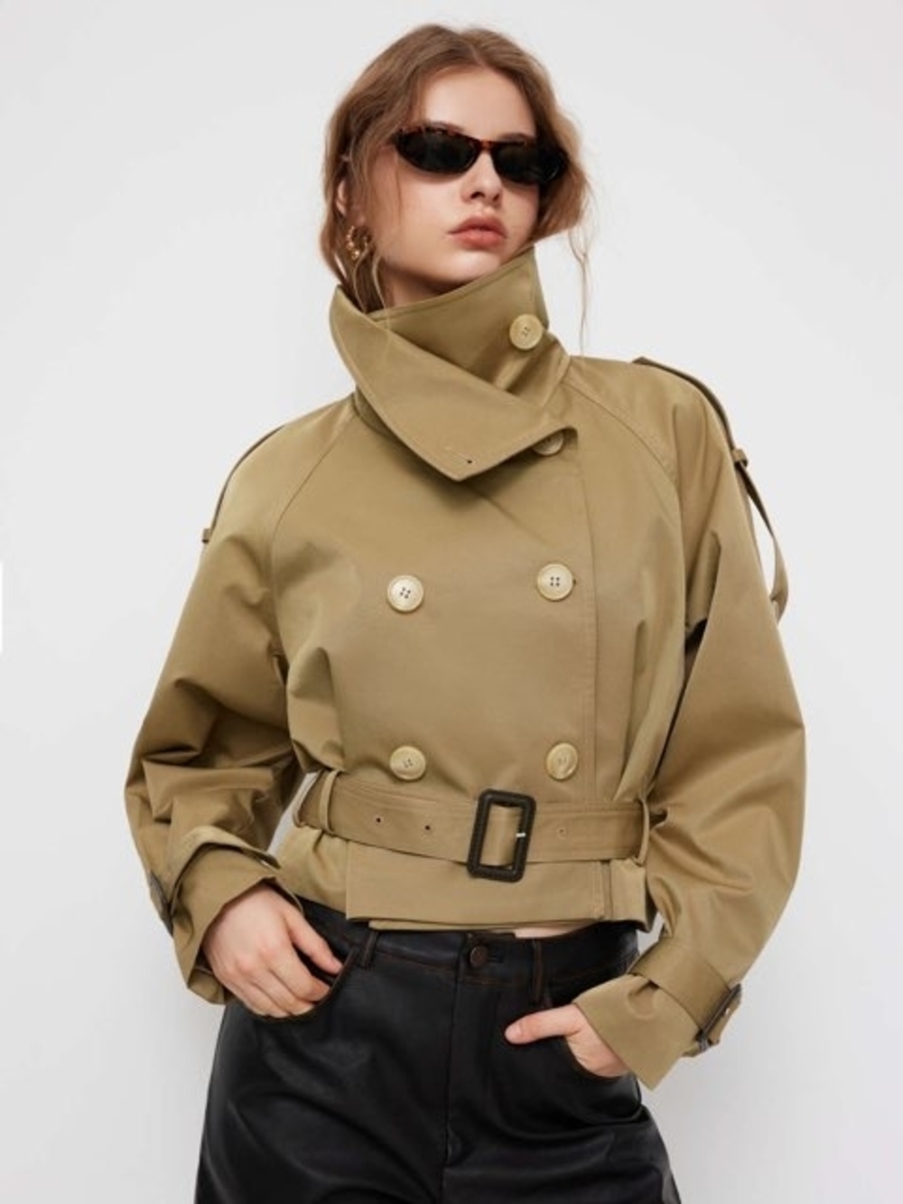 Cider Cropped Khaki Trench Coat with Belt XS
